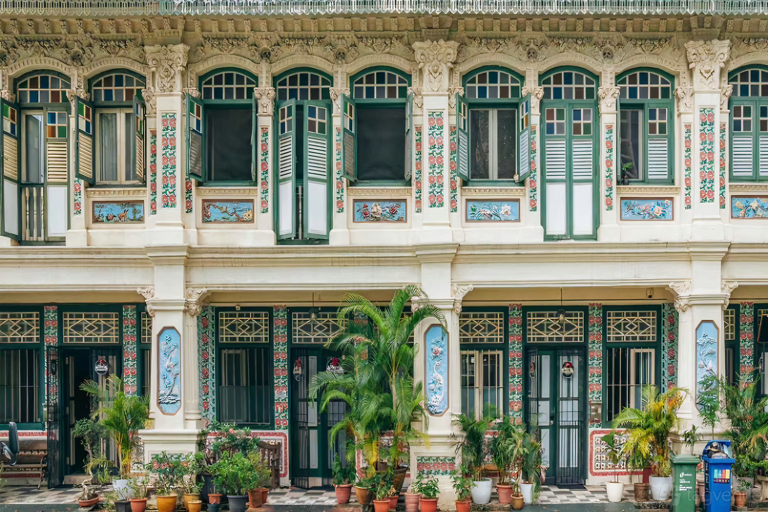 Ornate Peranakan shophouse facade with green shutters, pastel detailing, and potted plants lining the entrance.
